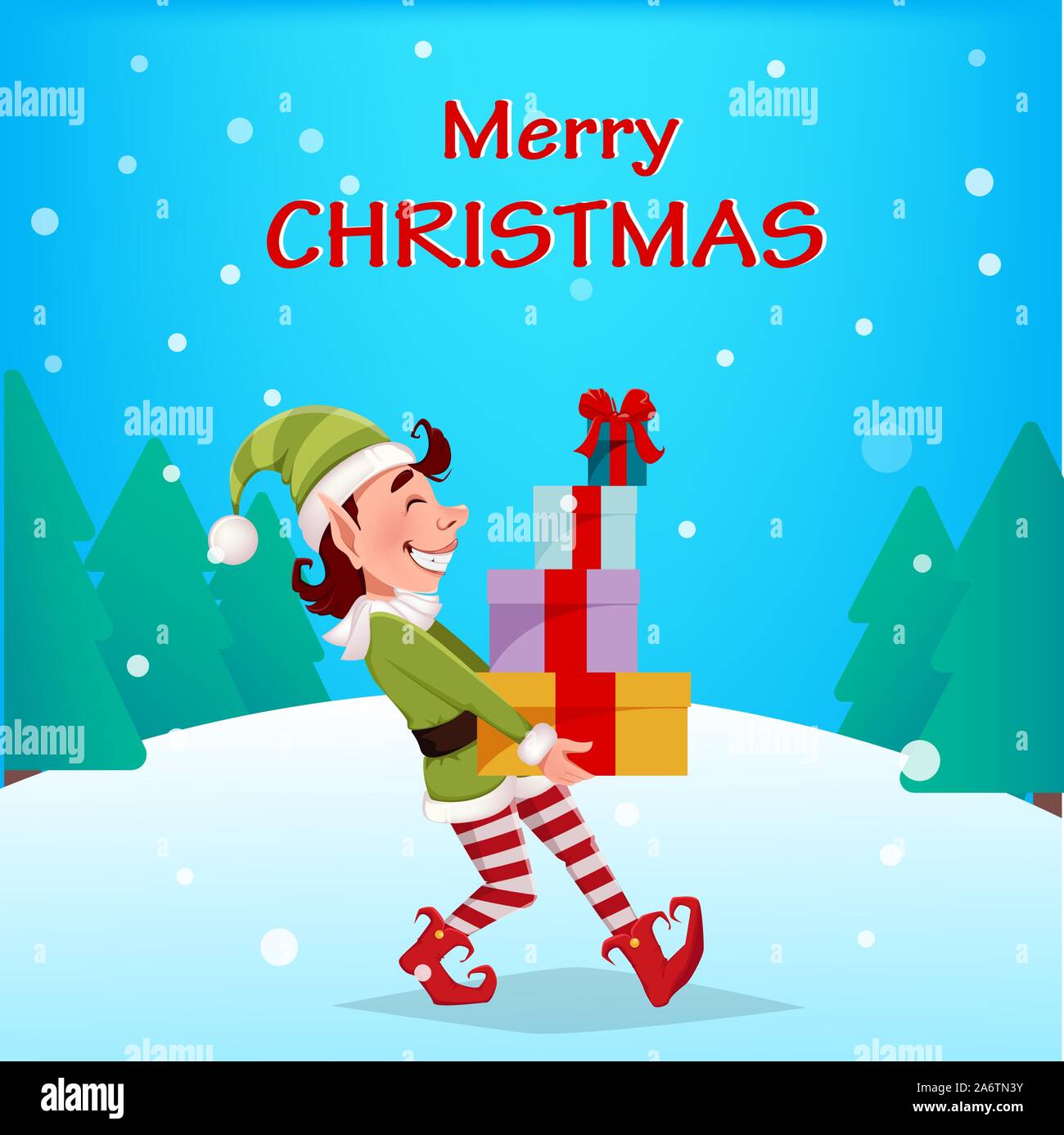 Merry Christmas. Funny Elf carries gift boxes. Santa Claus helper Elf. Cartoon character. Vector illustration Stock Vector