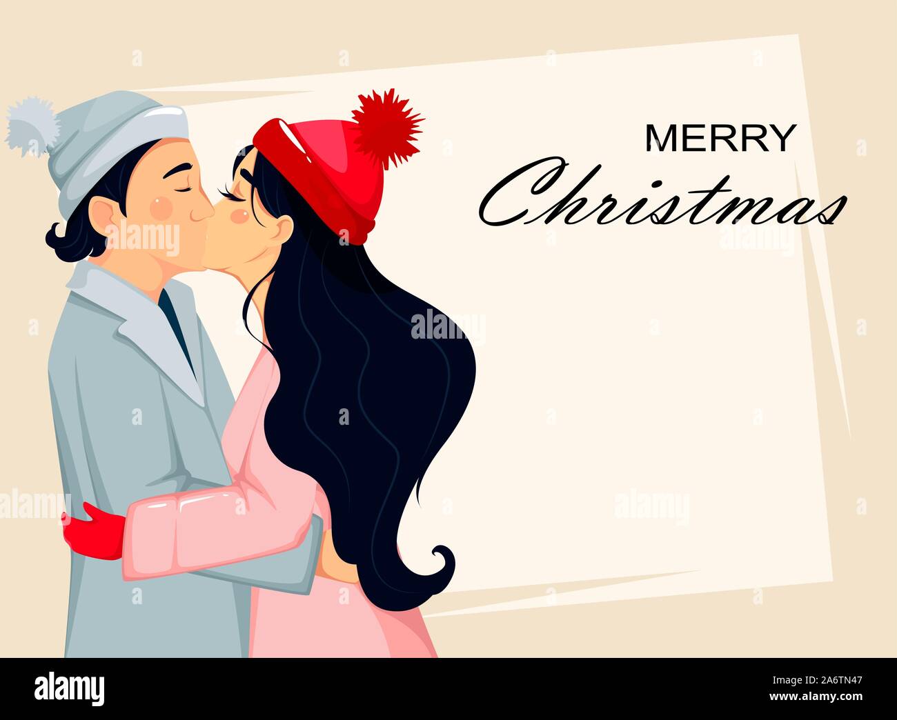 Merry Christmas. Beautiful couple kissing. Man and woman in love ...