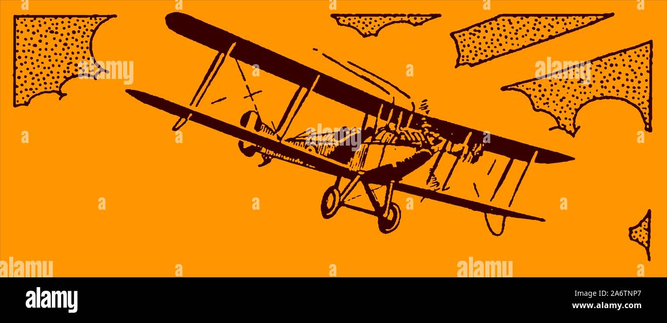 Historical single-engine biplane aircraft flying in front of a cloudy sky on an orange background. Editable in layers Stock Vector
