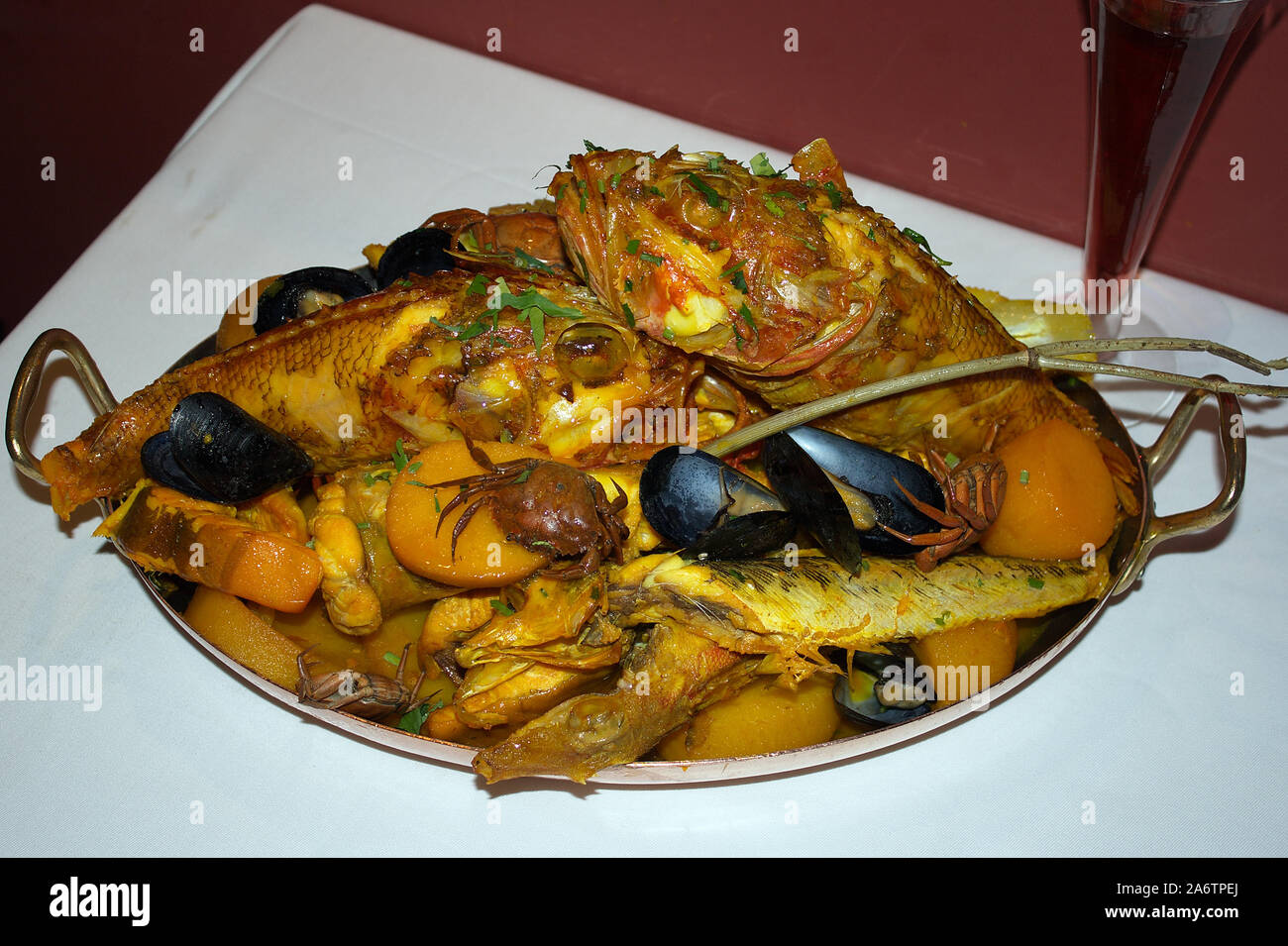 Dish of bouillabaisse in Le Miramar restaurant, Old Port, Marseille, France Stock Photo