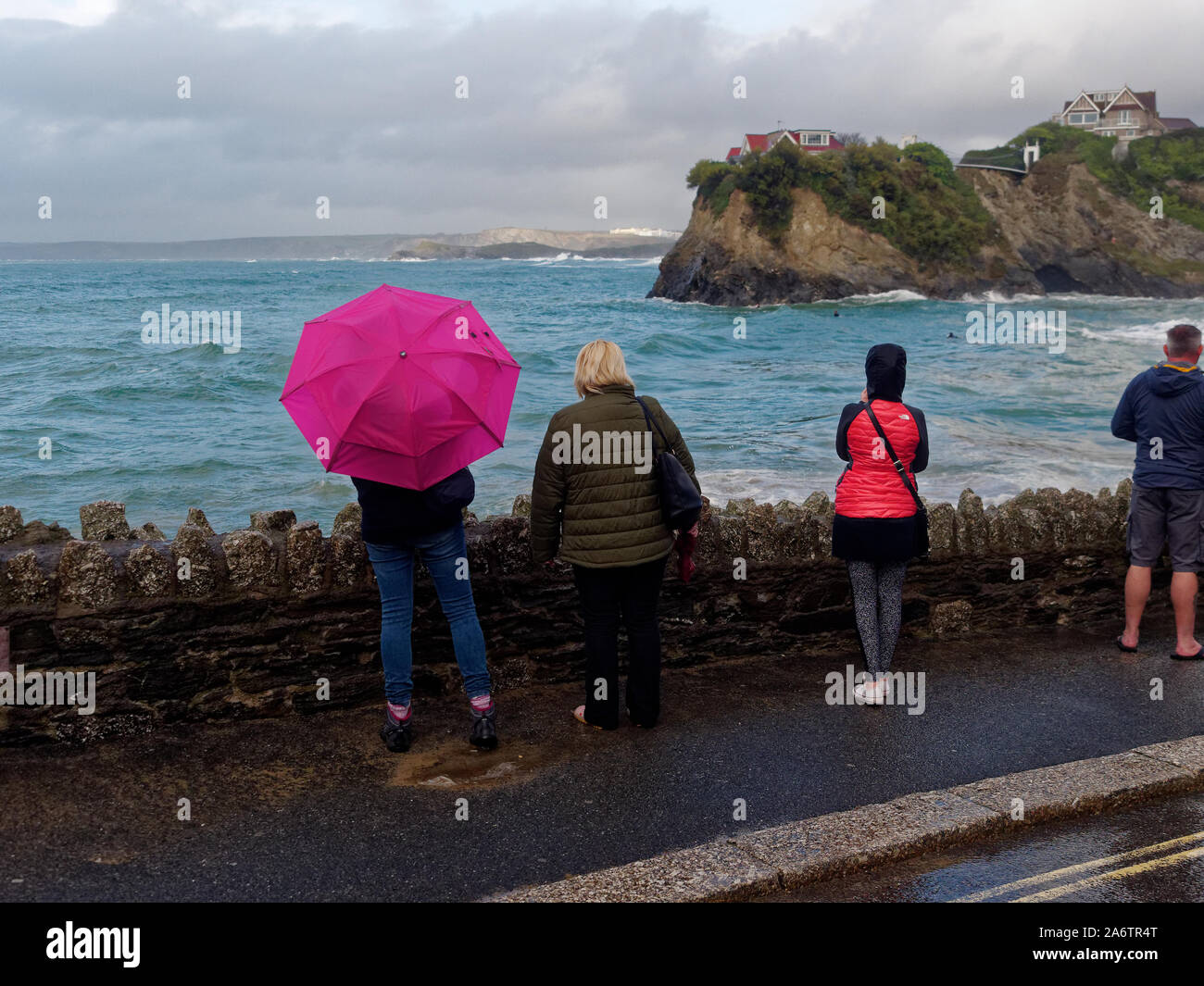 Newquay, Cornwall, England, 27th September 2019. UK weather: Spring tides and global sea level rises inundate coastal resorts and involve RNLI. Stock Photo