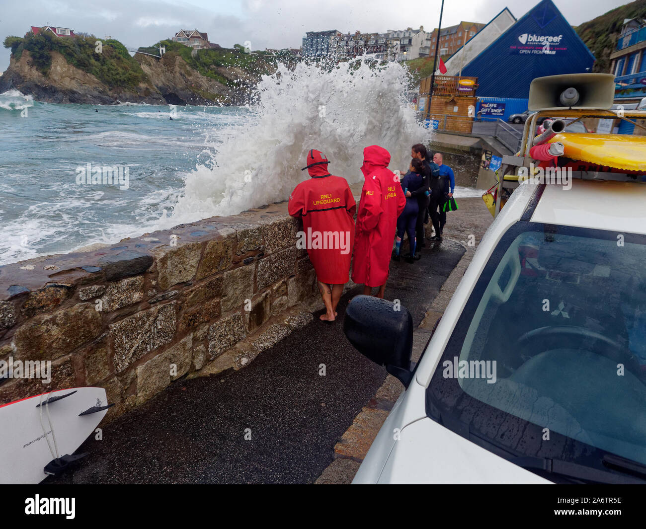 Newquay, Cornwall, England, 27th September 2019. UK weather: Spring tides and global sea level rises inundate coastal resorts and involve RNLI. Stock Photo