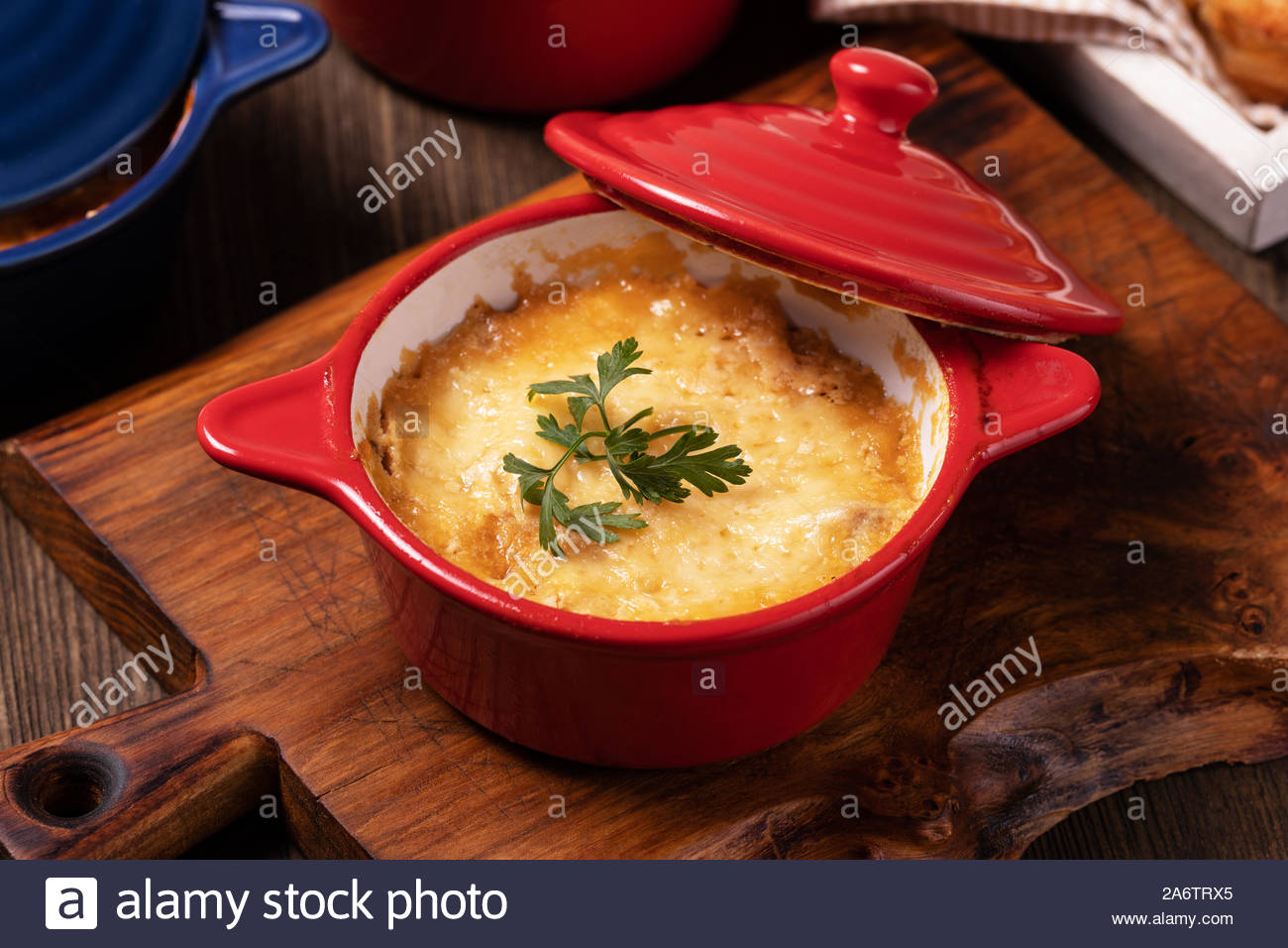 Baked Mushroom Julienne With Chicken And Cheese In Pots Stock Photo Alamy