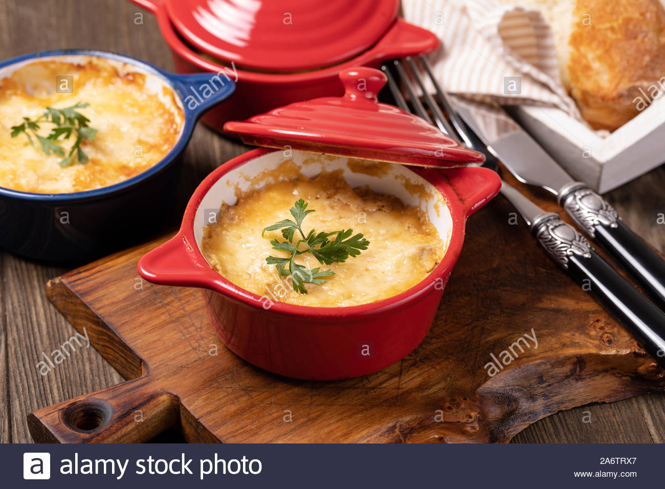 Baked Mushroom Julienne With Chicken And Cheese In Pots Stock Photo Alamy