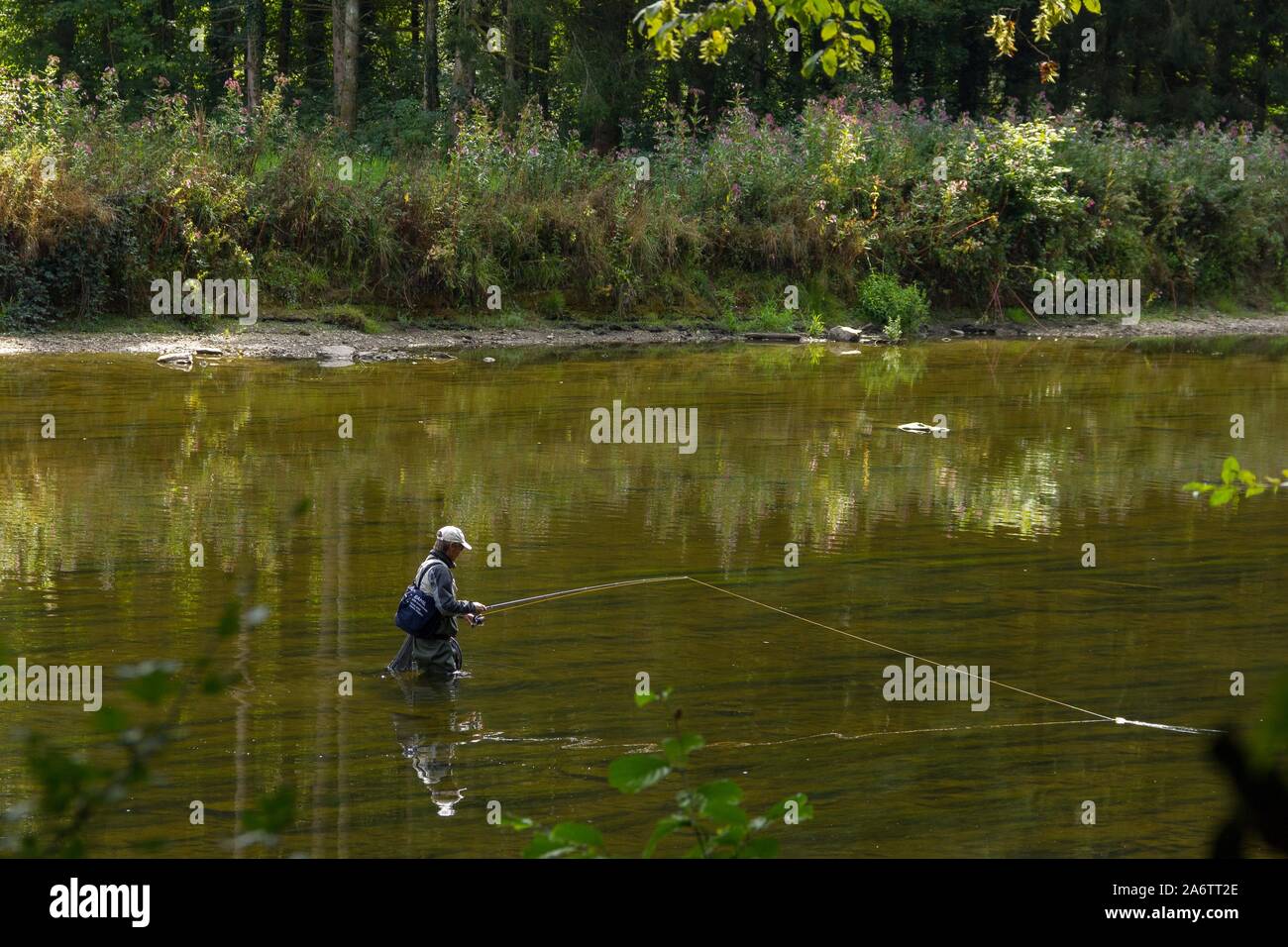A portrait of a fly fisher in a river. The fisherman is reeling in his rod to try and catch some fish. Stock Photo