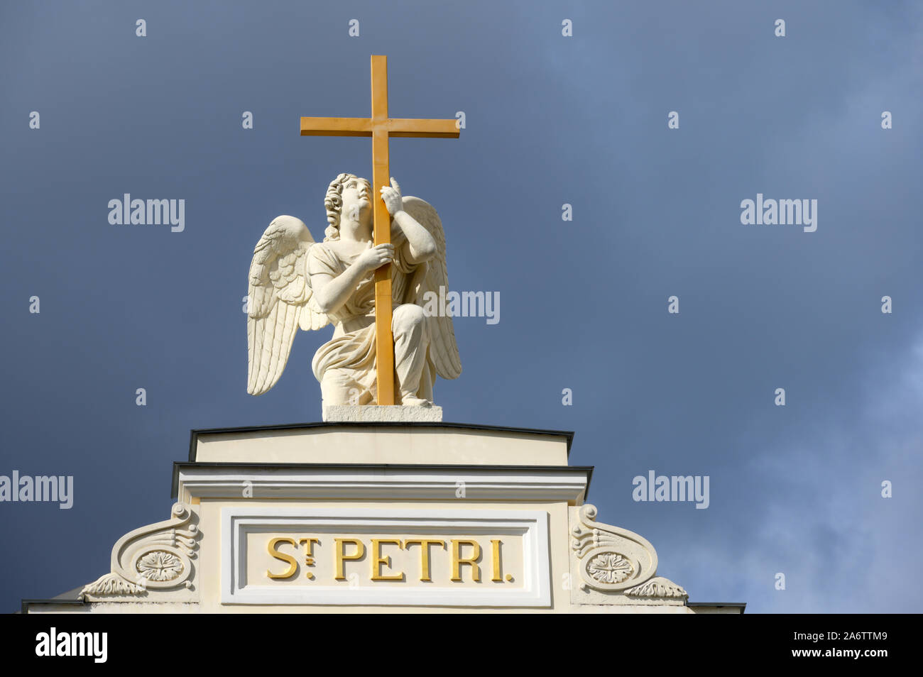 St. Petersburg, Russia - July 10, 2019: Statue of angel on the top of Lutheran Church of Saint Peter and Saint Paul. Stock Photo