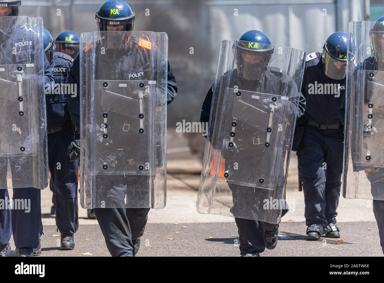 UK Police Riots Unit during the action in London . Stock Photo