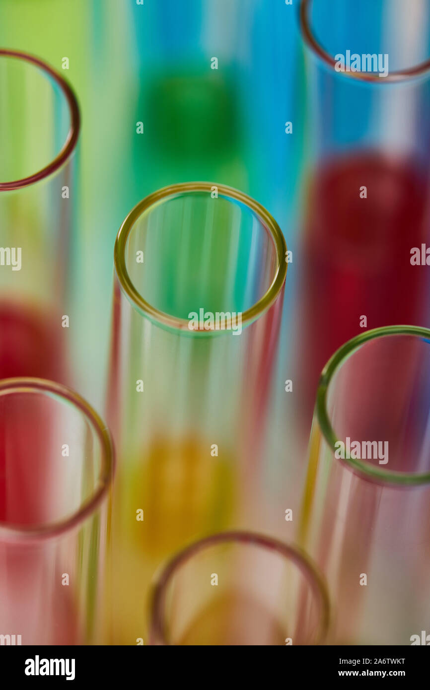 close up view of glass test tubes with colorful liquid Stock Photo - Alamy