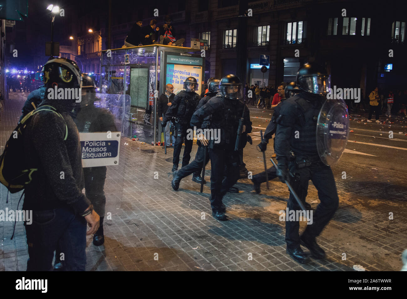 Police charges begin in Via Laietana, Barcelona, Spain. Stock Photo