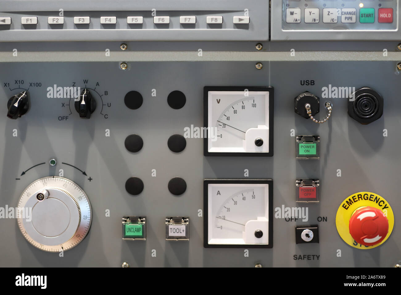 CNC machine control panel with voltmeter and ammeter. Stock Photo