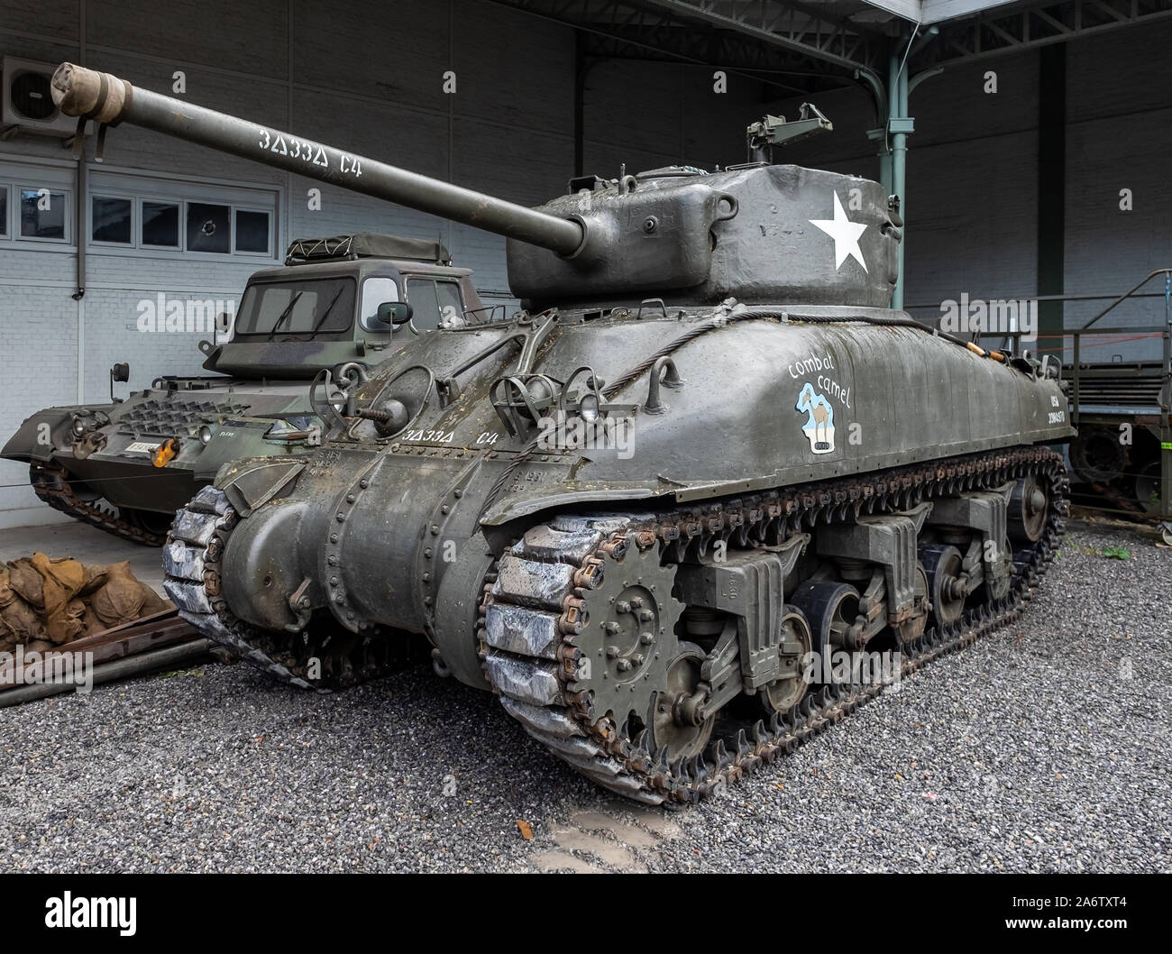 American Sherman tank in the Royal Museum of the Armed Forces and Military History. Stock Photo