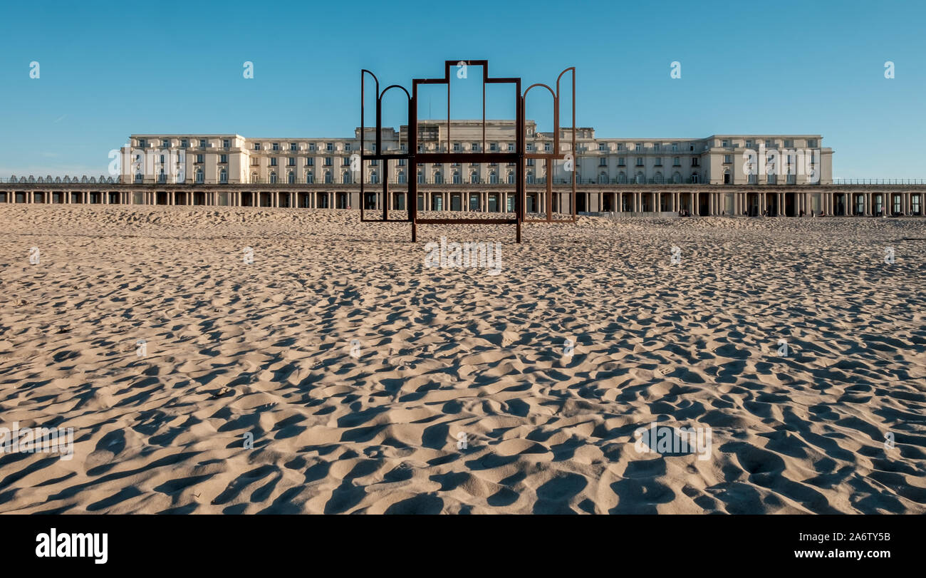 Artwork 'Altar' on the beach of Oostende, Belgium. This frame is modeled after the famous painting 'Ghent Altarpiece' (Het Lam Gods) Stock Photo