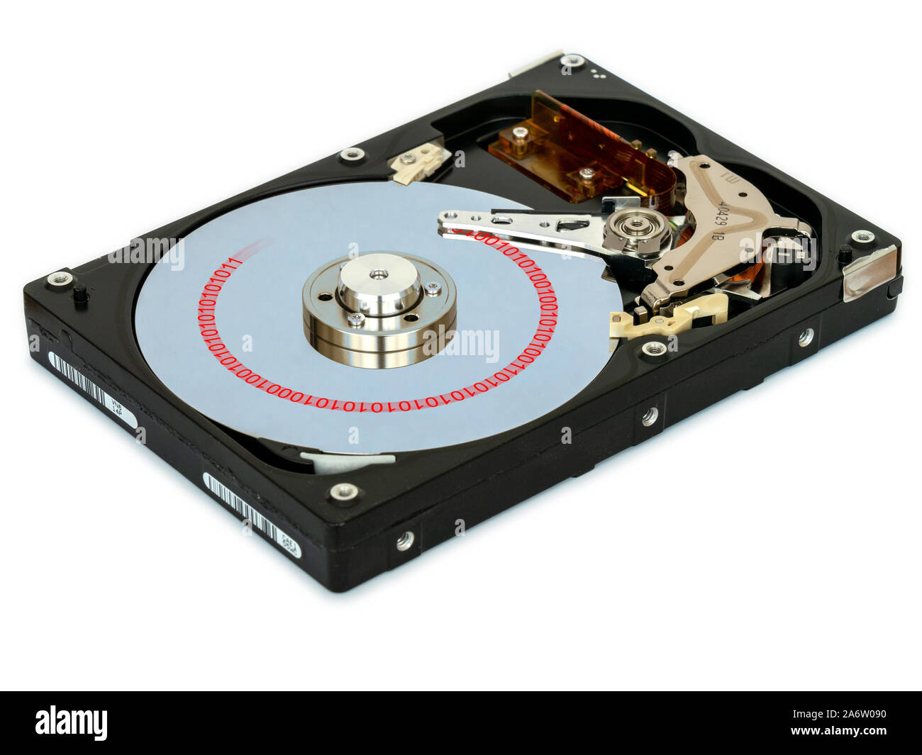 Inside a dismantled 3.5 inch computer hard-disk data storage drive showing platter and read write head. Stock Photo