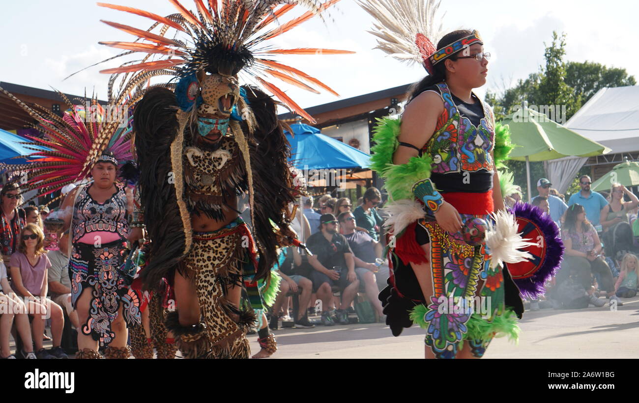 Mexica Yolotl, a Minneapolis-based traditional Aztec dance group that celebrates pre-Hispanic heritage performing at the Minnesota State Fair. Stock Photo