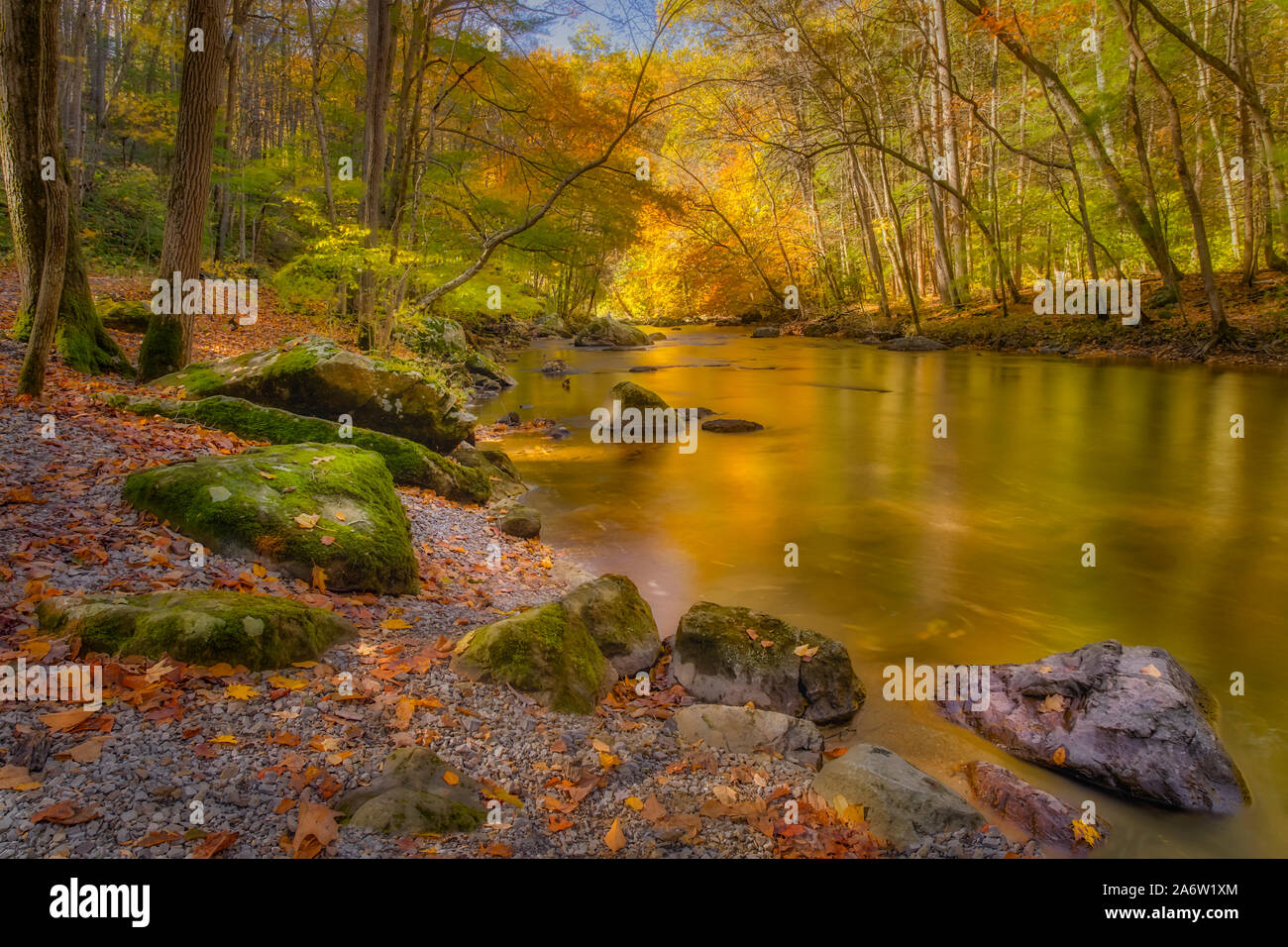 Ken Lockwood Gorge NJ - Autumn colors are reflected in the waters of the Raritan River in the Wildlife Management Area. Stock Photo