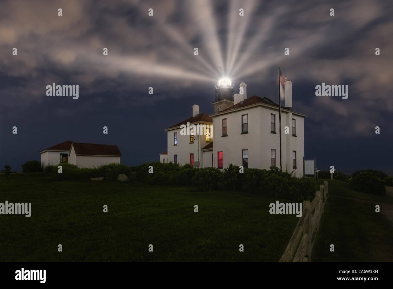 Beavertail Lighthouse - Evening view of Beavertail Light which was built in 1856 and is the premier lighthouse in Rhode Island. It is at  the entrance Stock Photo