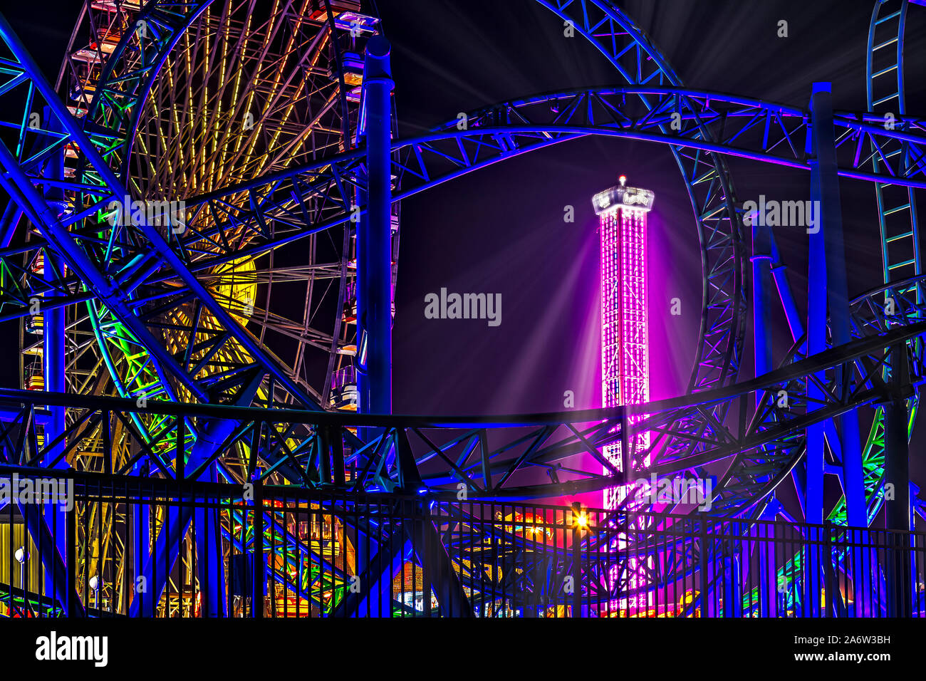 Hydrus Casino Pier -  Evening view to the colorful and illuminated Hydrus roller coaster at Seaside Heights in New Jersey. This image is available in Stock Photo