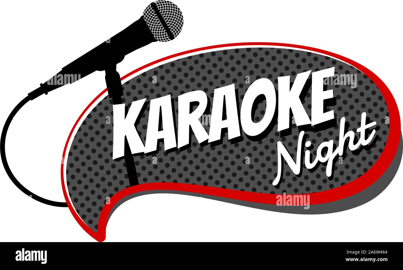 Karaoke night party text and microphone on comic strip speech bubble label. Stage mic vector illustration music entertainment template Stock Vector