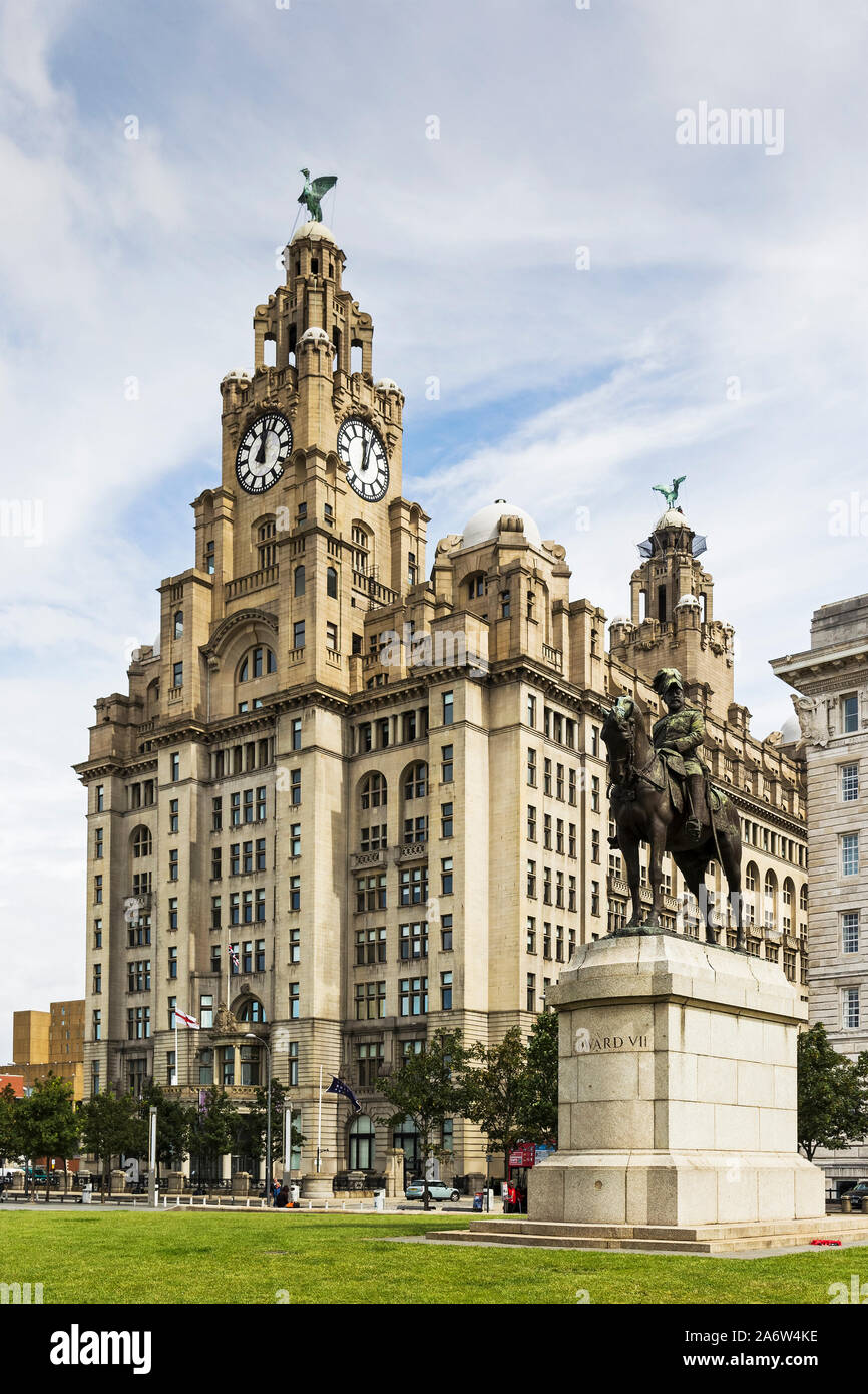 Liverpool, UK. Statue of Edward 7th and the Liver building. Stock Photo