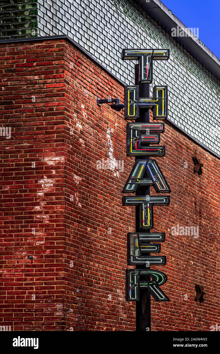 St. Ann’s Warehouse Theatre - Neon theatre street sign to the riginal home of Arts at St. Ann's now known as St. Ann's warehouse. Stock Photo