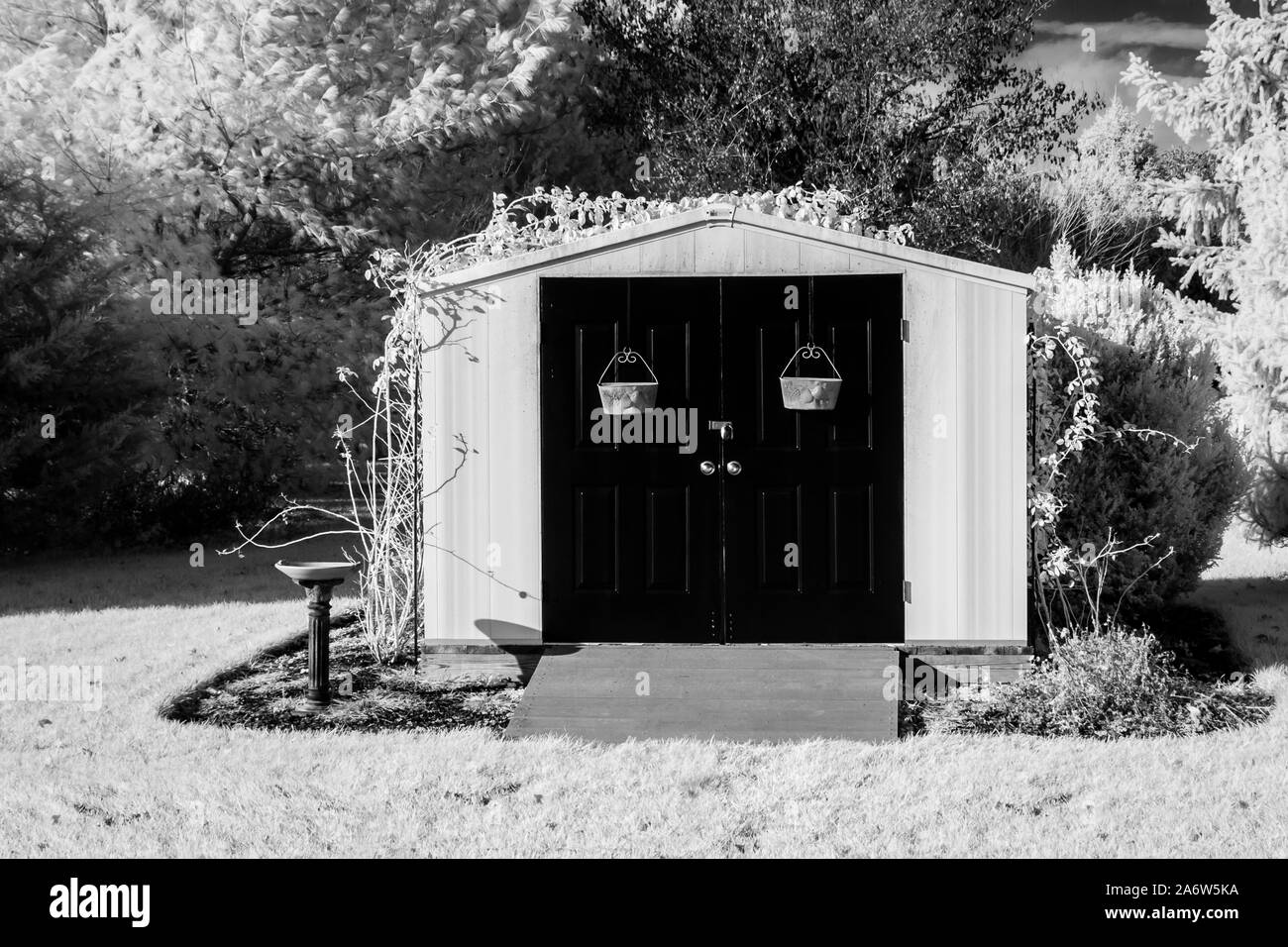 Infrared black and white view of a shed in a rural backyard in the countryside. Stock Photo