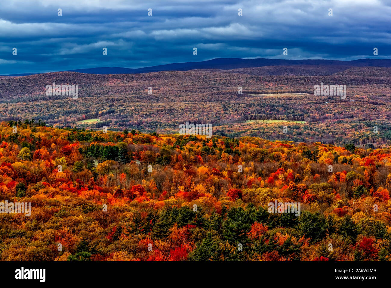 Hudson Valley NY Autumn -Aerial view to the warm and bright colors of peak fall foliage in the state of New York. Stock Photo