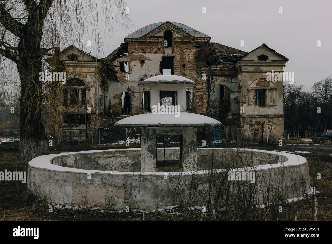 Dark and creepy old abandoned mansion. Gorozhanka, former Venevitinov manor, Voronezh Region. Stock Photo