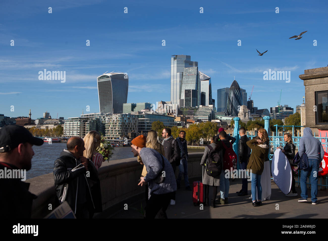 The City of London with tourists seen from Tower Bridge GV General View, London Stock Photo