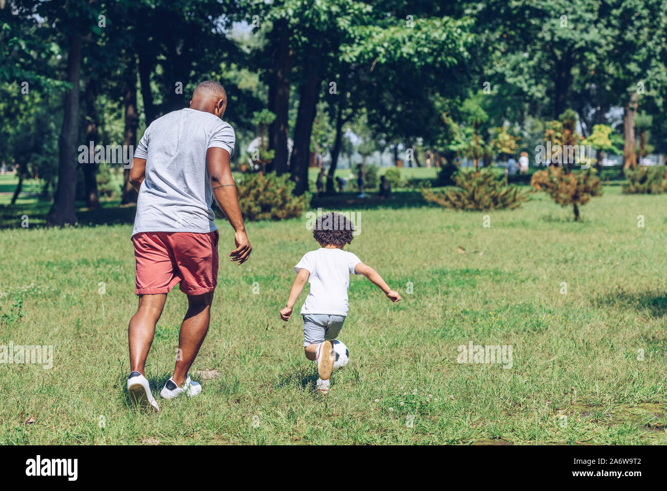 back view of african american father and son playing football in park ...