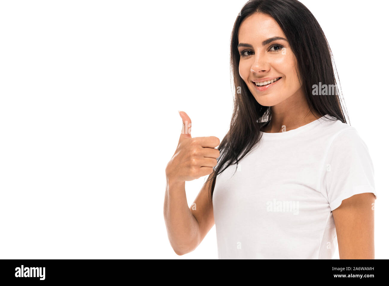 happy woman showing thumb up and smiling isolated on white Stock Photo ...