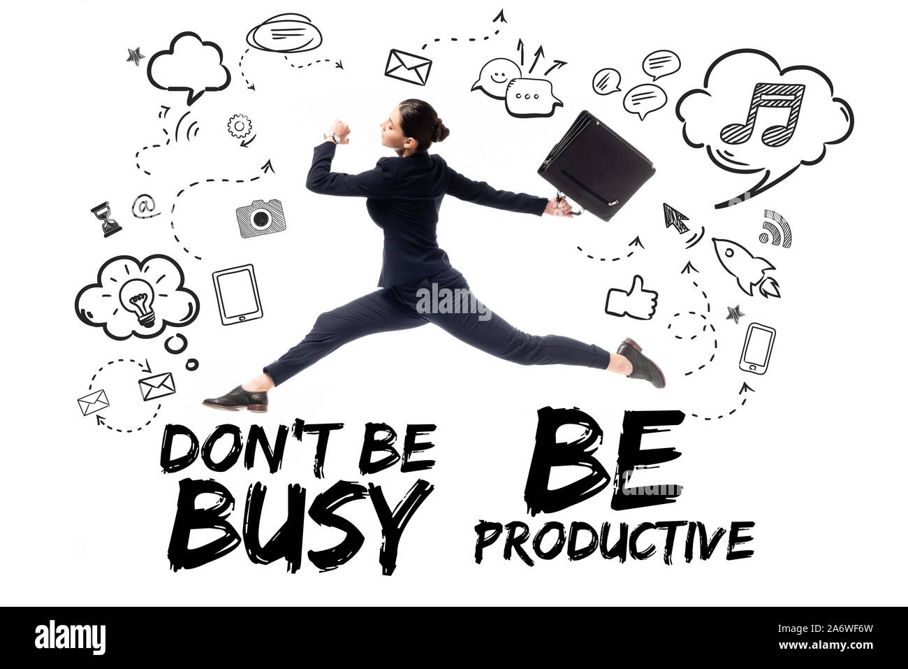 young businesswoman with briefcase levitating on background with dont be busy be productive lettering, and multimedia icons and symbols isolated on wh Stock Photo