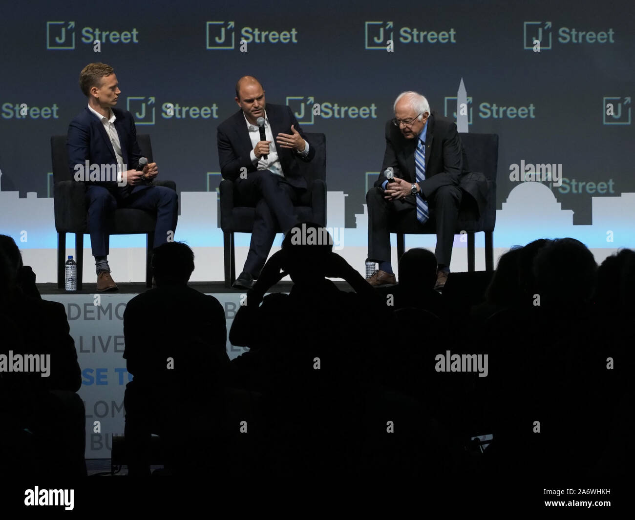 Washington DC, USA. 28th Oct, 2019. 2020 Democratic presidential candidate Senator Bernie Sanders addresses the J Street National Conference. He is interviewed by Pod Save the WorldÃs hosts Ã‘ former White House National Security Council spokesman Tommy Vietor and former Deputy National Security Advisor Ben Rhodes Ã‘ about the US-Israel relationship, the Israeli-Palestinian conflict and the future of US foreign policy. Credit: Sue Dorfman/ZUMA Wire/Alamy Live News Stock Photo