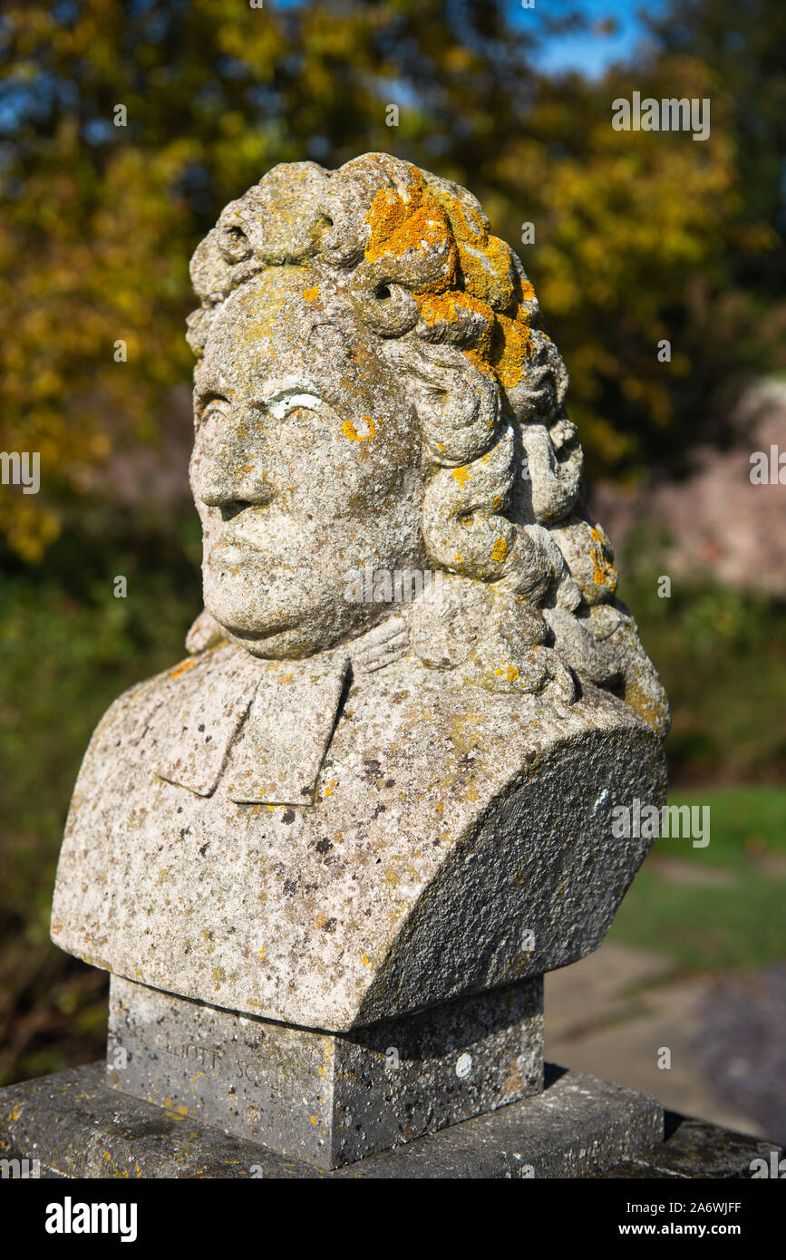 A bust of Sir John Flamsteed, first Astronomer Royal, in the grounds of Herstmonceux castle, East Sussex, England, UK Stock Photo