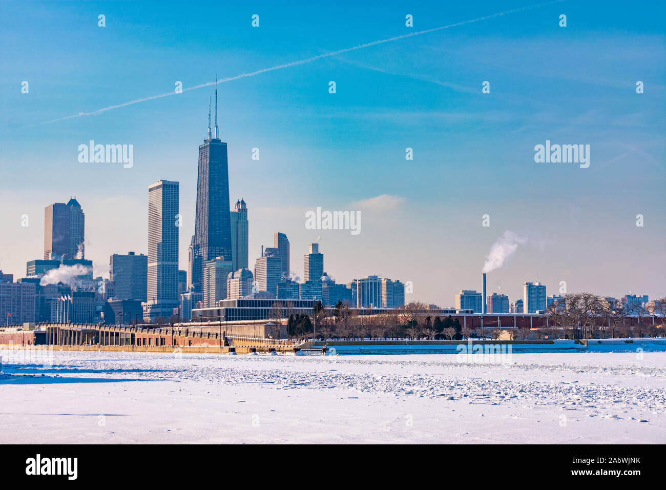 Chicago Skyline with Lake Michigan Frozen Over after a Polar Vortex Stock Photo