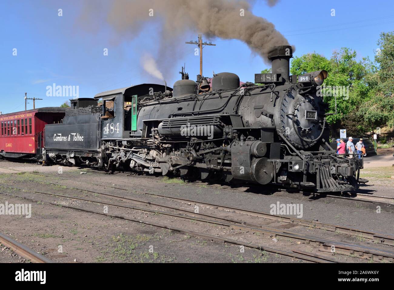 C&TS #484 pulling the passenger cars to the station, Getting ready for the trip to Antonito, CO, C&TS rail yard, Chama, NM 190712 61084 Stock Photo