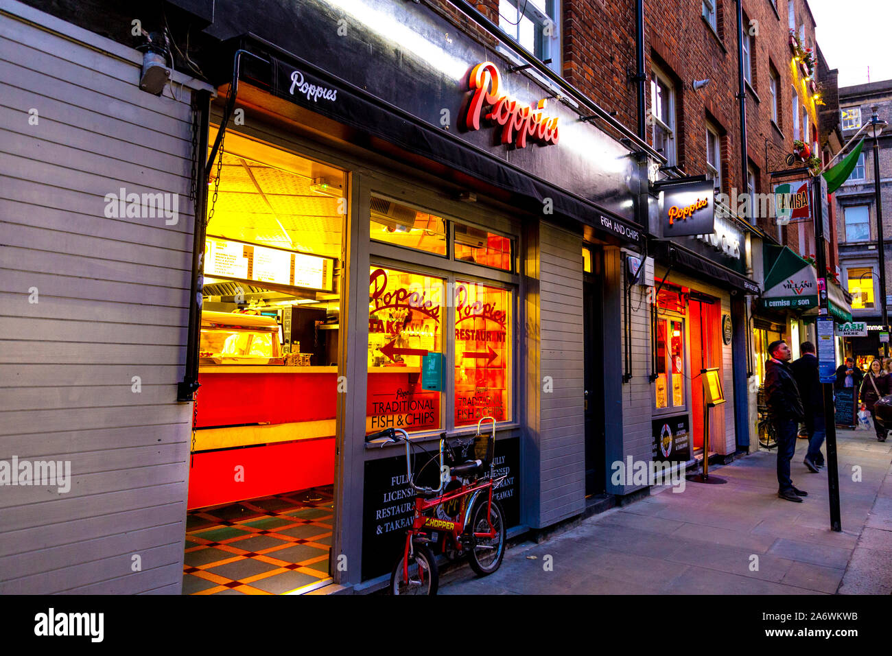 Exterior of Poppie's Fish and Chips shop in Soho, London, UK Stock Photo