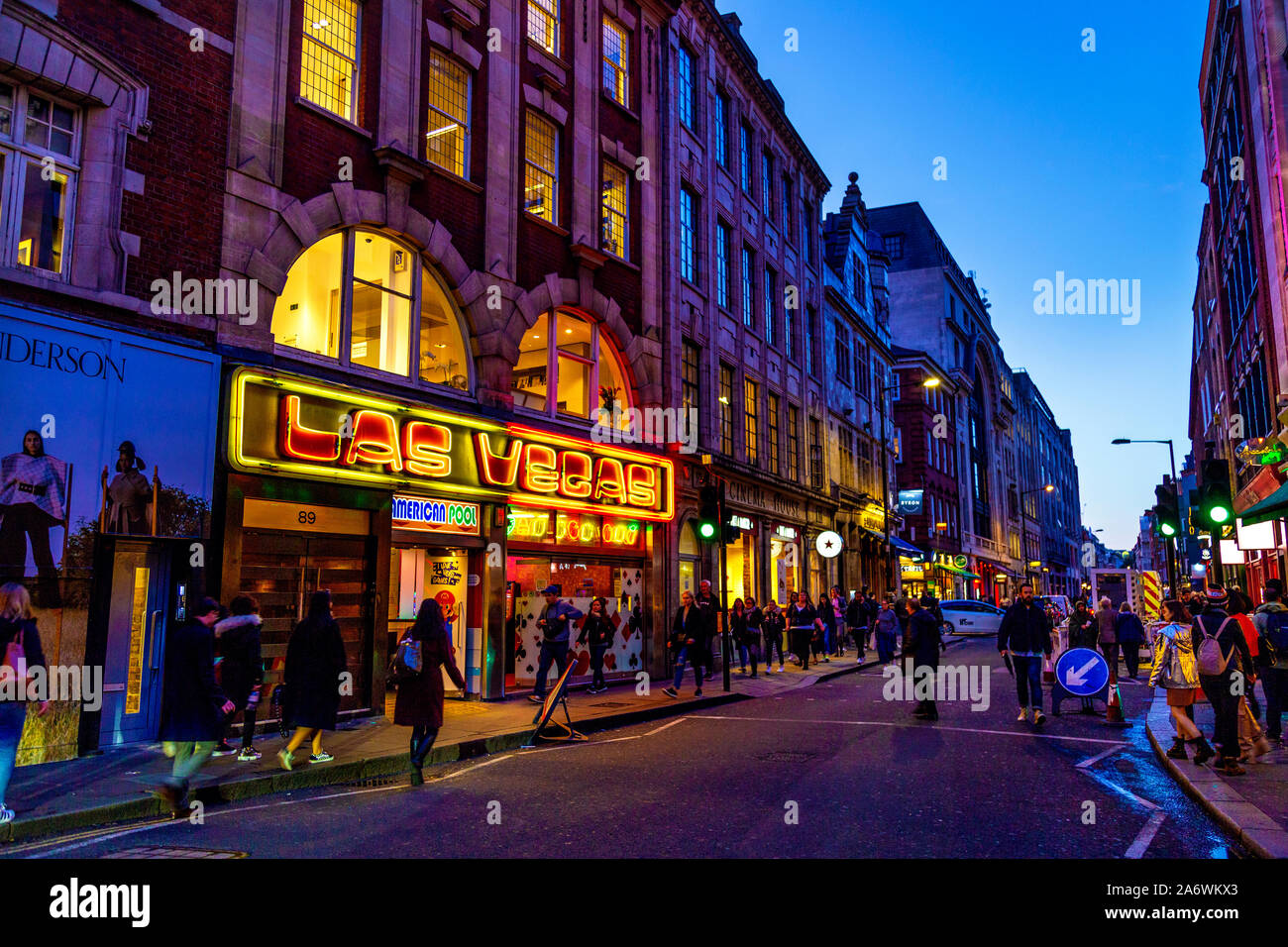 Wardour Street in the evening and Las Vegas amusement arcade in Soho, London, UK Stock Photo