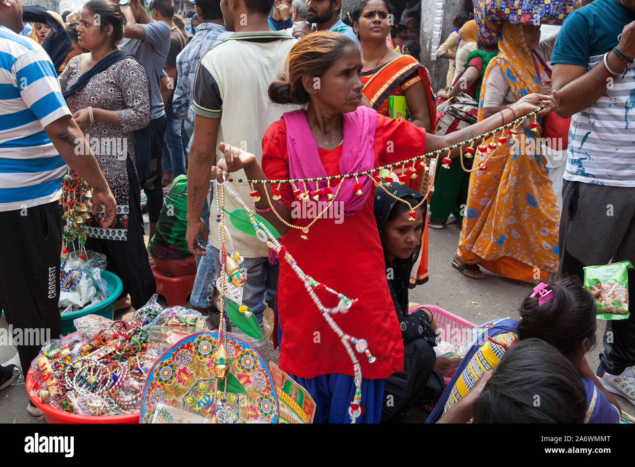 A vendor selling Diwali decorations in the Sadar Bazar district of Delhi Stock Photo