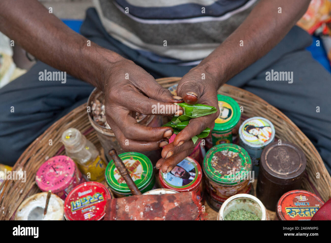Detail of a paan vendor preparing a mixture of tobacco and areca nut wrapped in a betel leaf, Delhi, India Stock Photo