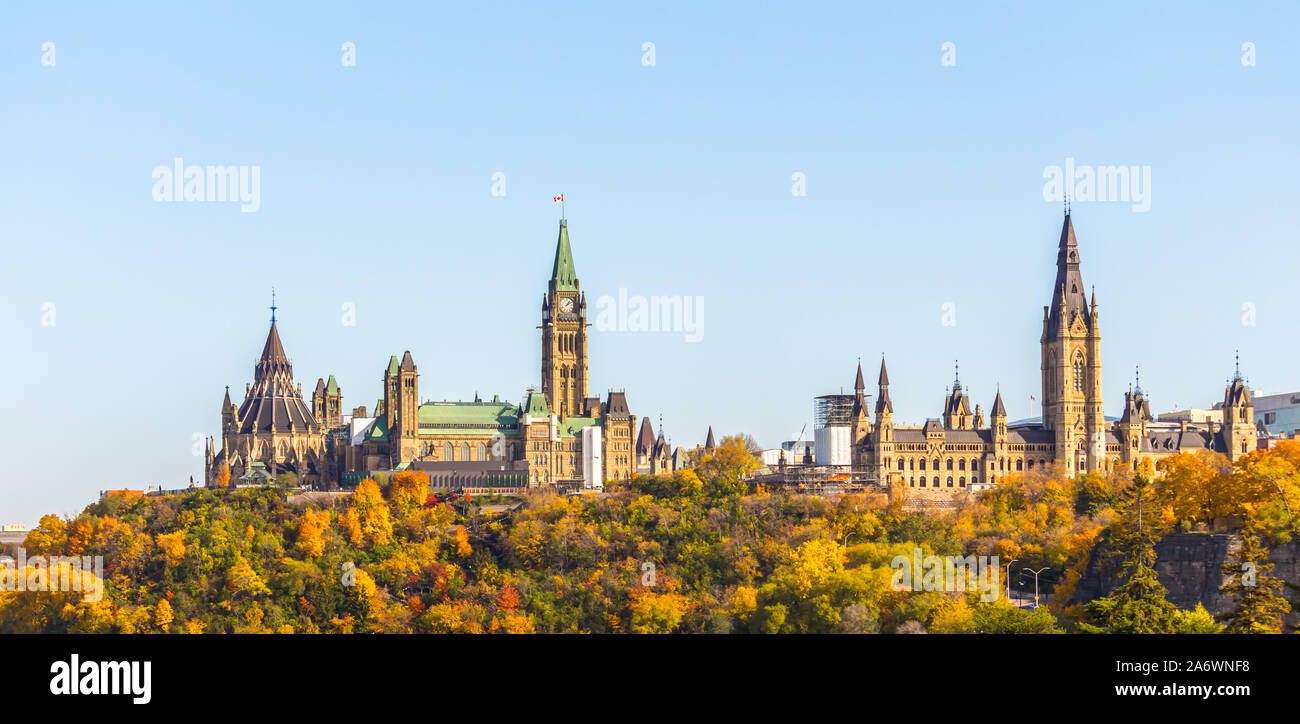 A view of Parliament Hill in Ottawa, Canada from the West shows the ...