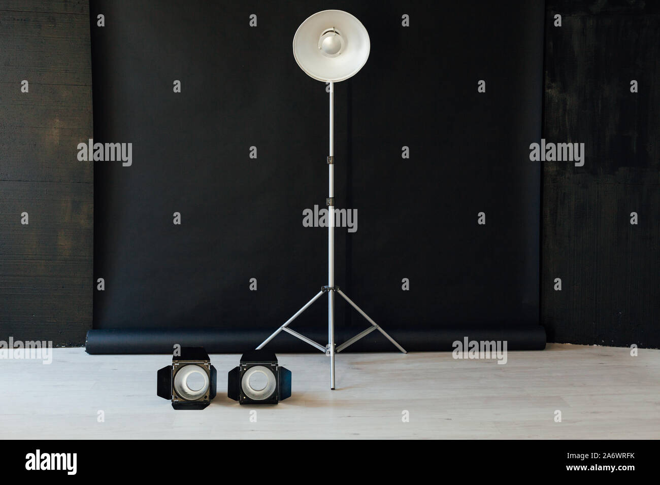 Photo studio equipment flash photographer accessories backgrounds Stock