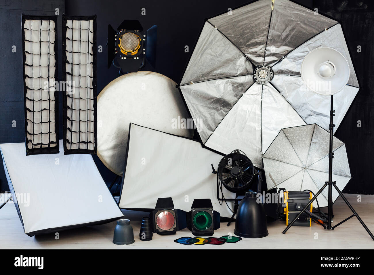 Photo studio equipment flash photographer accessories backgrounds Stock