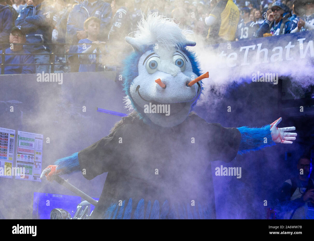 Indianapolis, Indiana, USA. 27th Oct, 2019. Indianapolis Colts mascot Blue during NFL football game action between the Denver Broncos and the Indianapolis Colts at Lucas Oil Stadium in Indianapolis, Indiana. Indianapolis defeated Denver 15-13. John Mersits/CSM/Alamy Live News Stock Photo