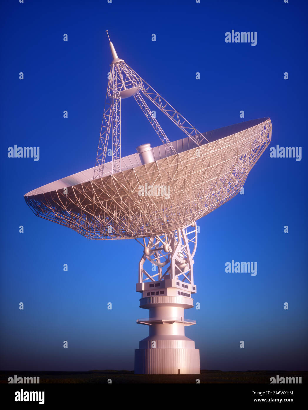 Huge satellite antenna dish for communication and signal reception out of the planet Earth. Observatory searching for radio signal in space at sunset. Stock Photo