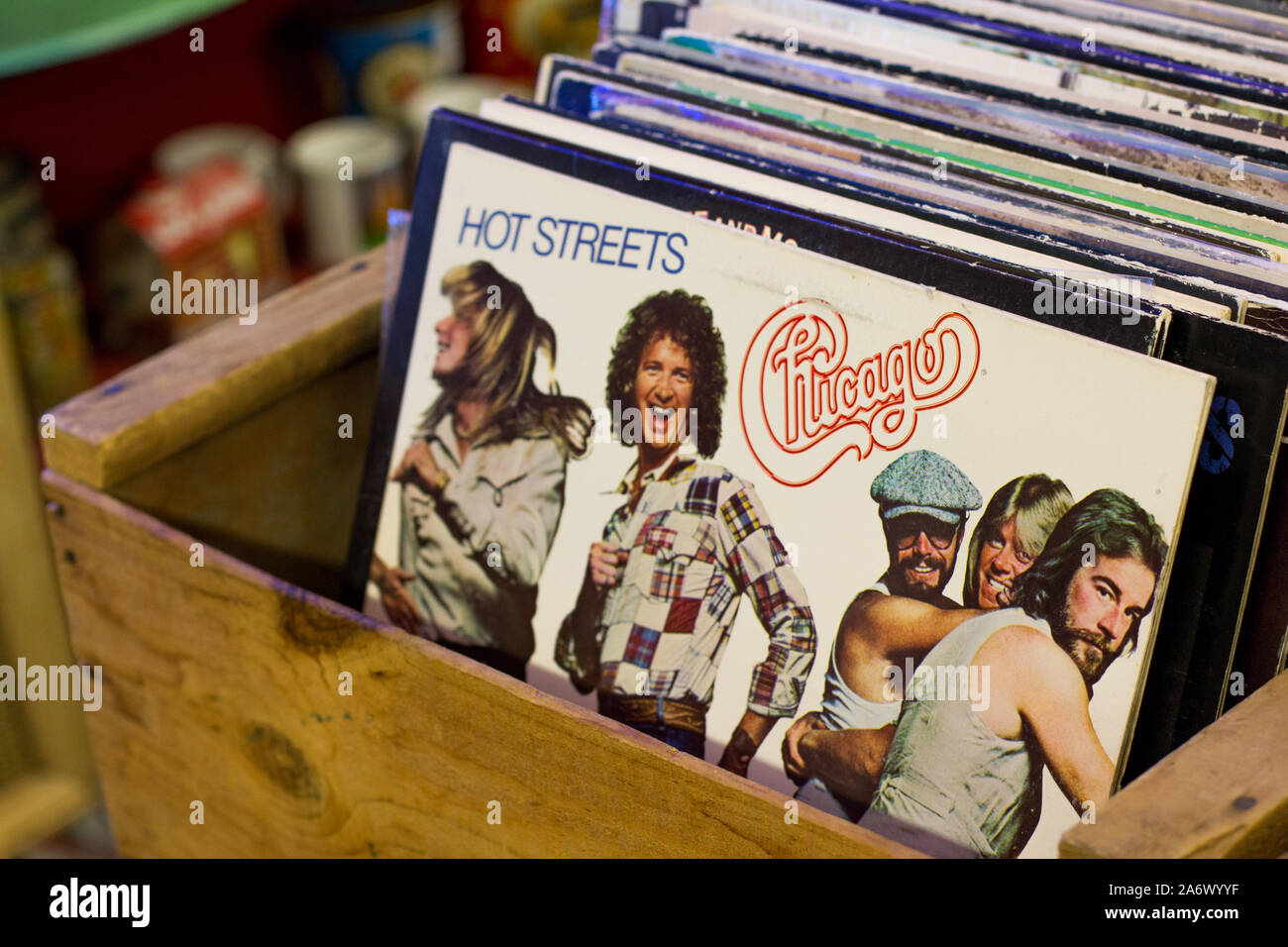 Thorp, Washington / USA - August 12, 2018:  Vintage Chicago album in an antique shop and fruit stand outside of Ellensburg, Washington. Stock Photo