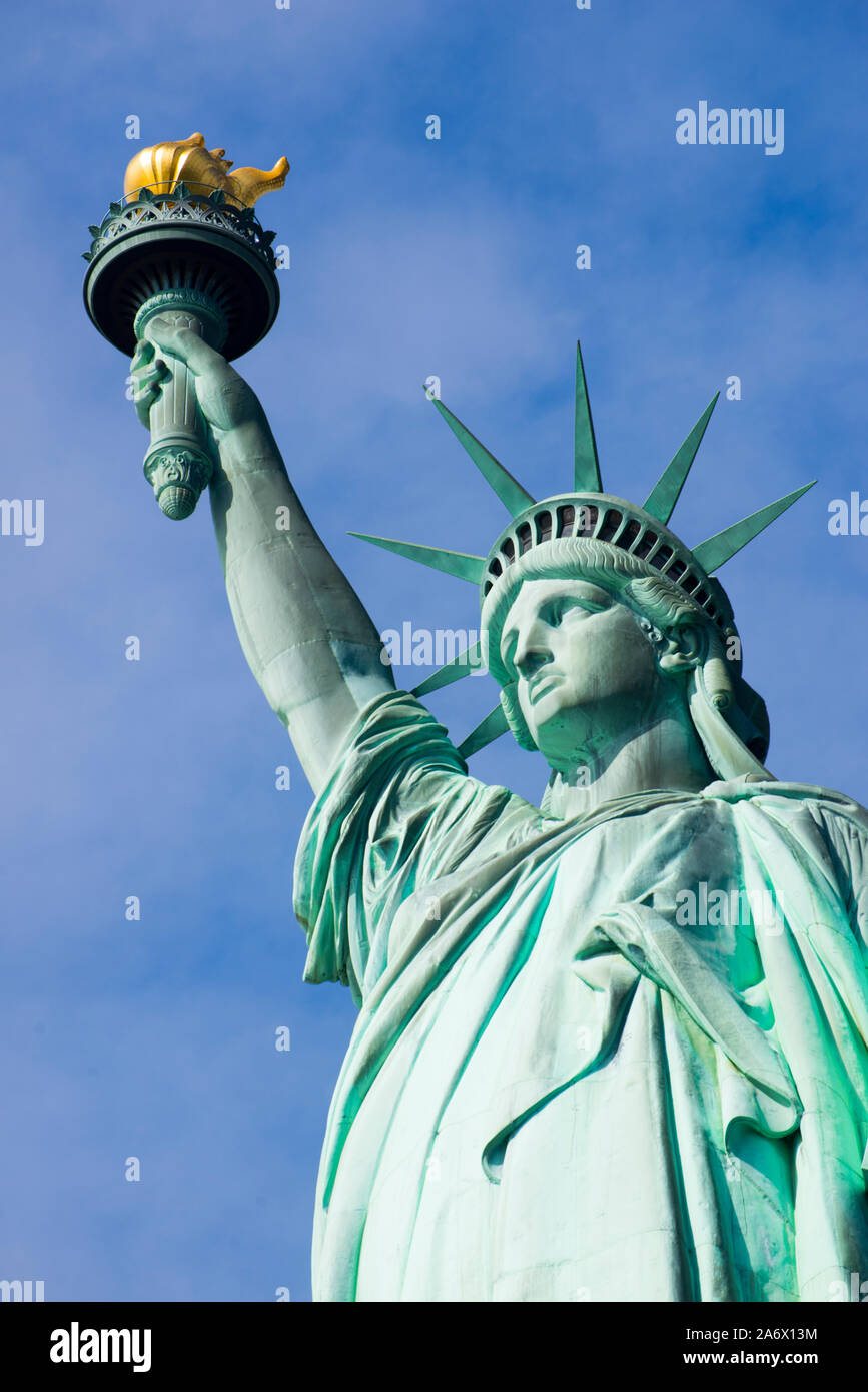The Statue of Liberty, a colossal neoclassical sculpture on Liberty Island in New York Harbor