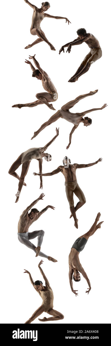 The group of modern ballet dancers. Contemporary art ballet. Young flexible people in tights. Copyspace. Concept of dance grace, inspiration, creativity. Made of shots of 9 models. Stock Photo