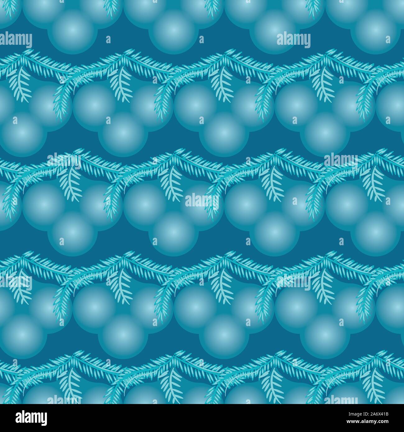 seamless vector pattern with blue hanging christmas ornaments and spruce tree baranches Stock Vector