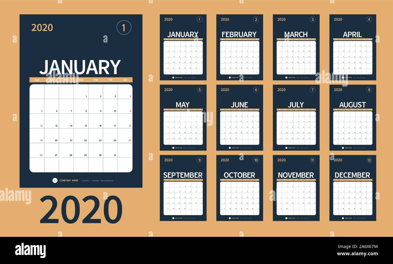 Vector of 2020 new year calendar in clean minimal table simple style and blue gold color,Holiday event planner,Week Starts Sunday.include holiday even Stock Vector