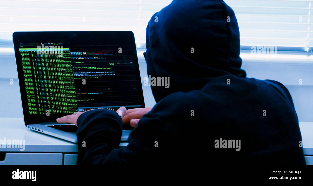 Hacker typing fake dummy code Stock Photo - Alamy